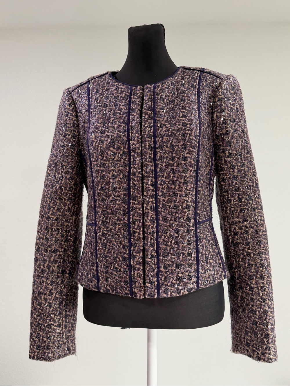 Tory Burch Tweed Sequin Jacket Size 6 Purple Cropped Blazer
